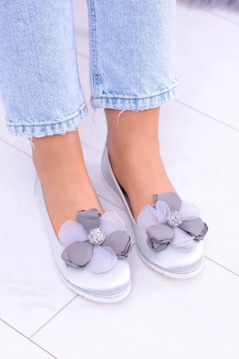 Aksamitne Szare Baleriny Z Dużym Kwiatem Fumiko