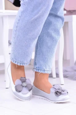 Aksamitne Szare Baleriny Z Dużym Kwiatem Fumiko