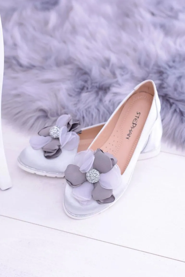 Aksamitne Szare Baleriny Z Dużym Kwiatem Fumiko