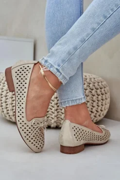 Ażurowe Baleriny Z Kokardką Eko Skórzane Złote Relabra