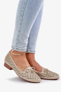 Ażurowe Baleriny Z Kokardką Eko Skórzane Złote Relabra