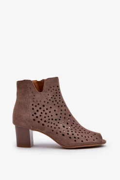 Ażurowe Botki Damskie Eko Zamszowe Na Słupku Z Odkrytymi Palcami Brązowe Halania