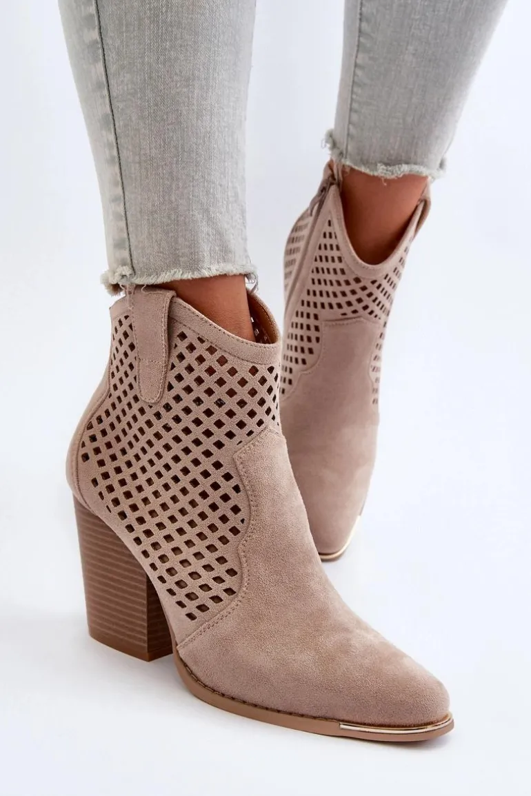 Ażurowe Botki Damskie Eko Zamszowe Na Słupku Beżowe Stardara