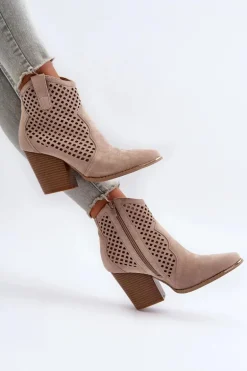 Ażurowe Botki Damskie Eko Zamszowe Na Słupku Beżowe Stardara