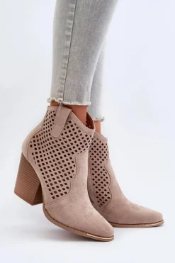 Ażurowe Botki Damskie Eko Zamszowe Na Słupku Beżowe Stardara