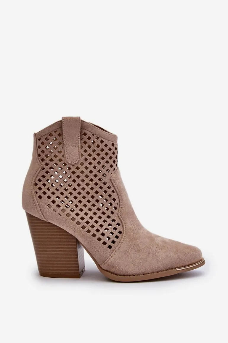Ażurowe Botki Damskie Eko Zamszowe Na Słupku Beżowe Stardara