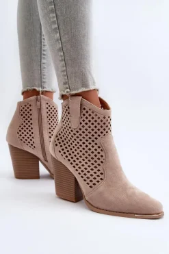 Ażurowe Botki Damskie Eko Zamszowe Na Słupku Beżowe Stardara