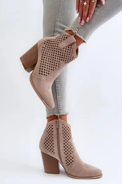 Ażurowe Botki Damskie Eko Zamszowe Na Słupku Beżowe Stardara