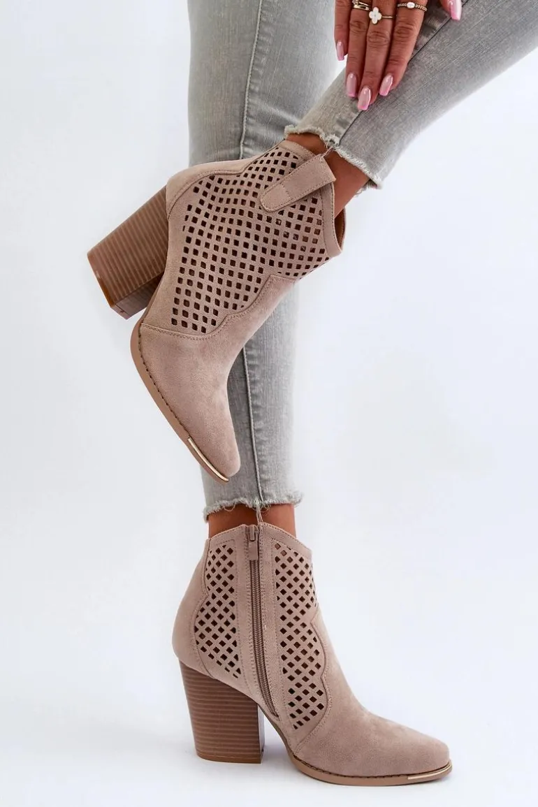 Ażurowe Botki Damskie Eko Zamszowe Na Słupku Beżowe Stardara