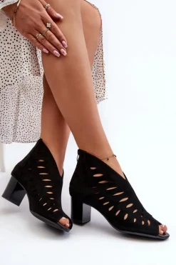 Ażurowe Botki Damskie Eko Zamszowe Na Słupku Z Odkrytymi Palcami Czarne Timalre