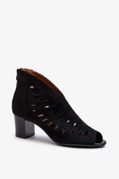 Ażurowe Botki Damskie Eko Zamszowe Na Słupku Z Odkrytymi Palcami Czarne Timalre