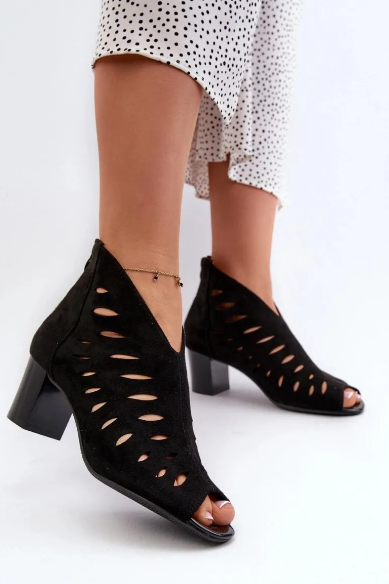 Ażurowe Botki Damskie Eko Zamszowe Na Słupku Z Odkrytymi Palcami Czarne Timalre