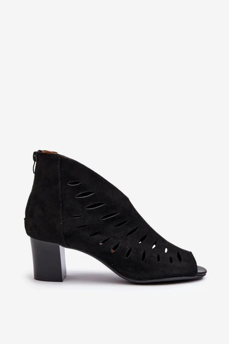 Ażurowe Botki Damskie Eko Zamszowe Na Słupku Z Odkrytymi Palcami Czarne Timalre