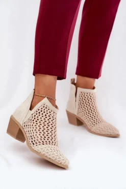 Ażurowe Botki Damskie Na Obcasie Z Wycięciami I Plecionką Jasnobeżowe Tulifedi