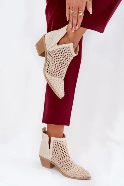 Ażurowe Botki Damskie Na Obcasie Z Wycięciami I Plecionką Jasnobeżowe Tulifedi
