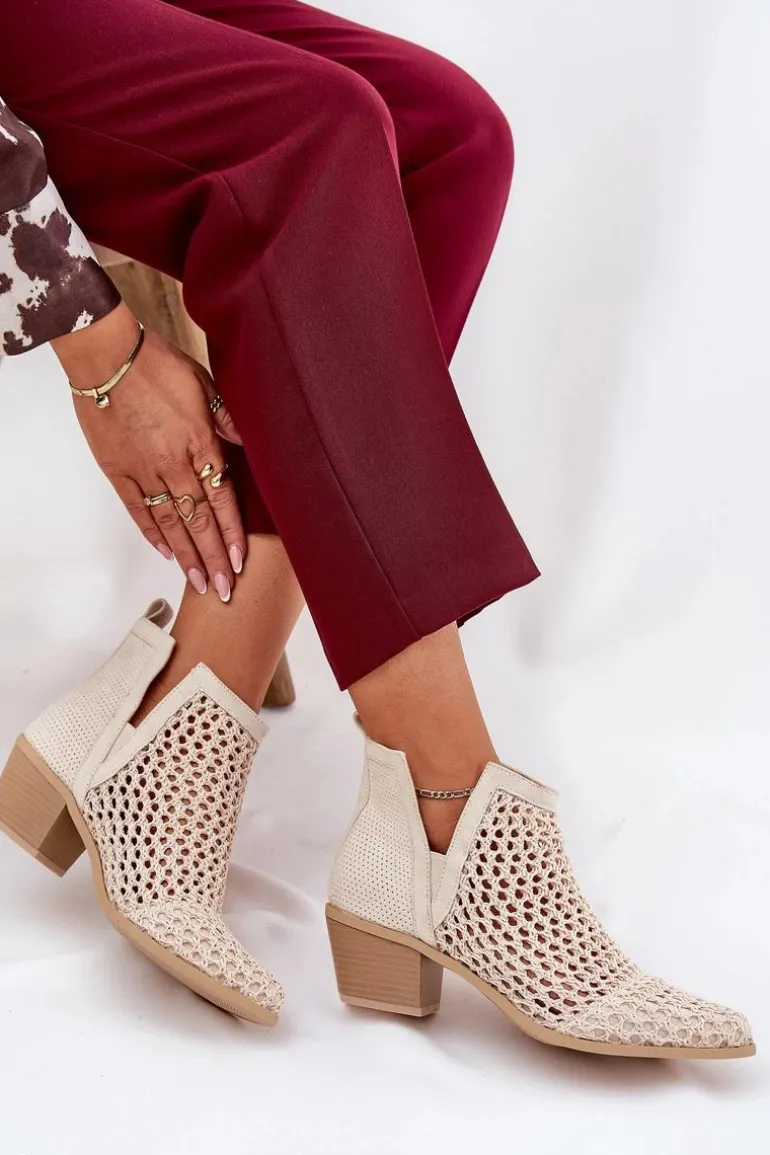 Ażurowe Botki Damskie Na Obcasie Z Wycięciami I Plecionką Jasnobeżowe Tulifedi