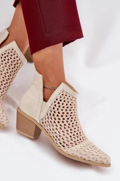 Ażurowe Botki Damskie Na Obcasie Z Wycięciami I Plecionką Jasnobeżowe Tulifedi