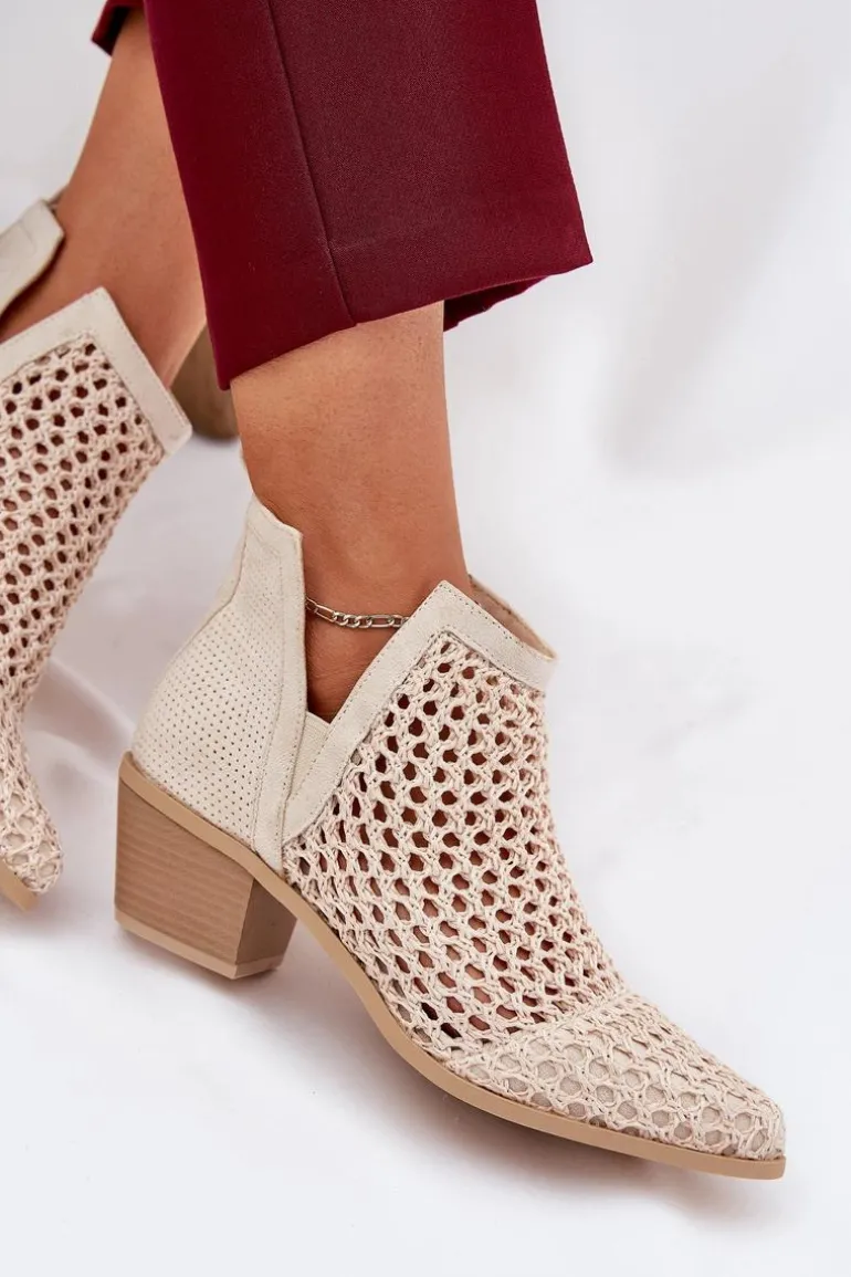 Ażurowe Botki Damskie Na Obcasie Z Wycięciami I Plecionką Jasnobeżowe Tulifedi