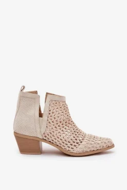 Ażurowe Botki Damskie Na Obcasie Z Wycięciami I Plecionką Jasnobeżowe Tulifedi