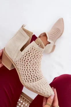 Ażurowe Botki Damskie Na Obcasie Z Wycięciami I Plecionką Jasnobeżowe Tulifedi
