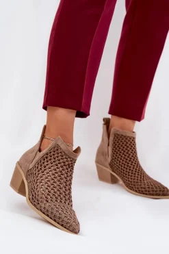 Ażurowe Botki Damskie Na Obcasie Z Wycięciami I Plecionką Khaki Tulifedi