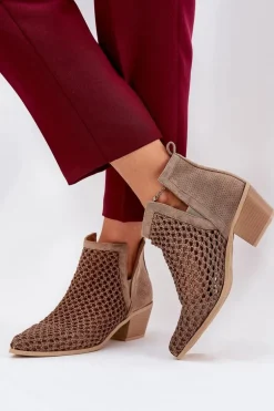 Ażurowe Botki Damskie Na Obcasie Z Wycięciami I Plecionką Khaki Tulifedi