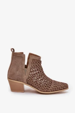 Ażurowe Botki Damskie Na Obcasie Z Wycięciami I Plecionką Khaki Tulifedi