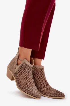 Ażurowe Botki Damskie Na Obcasie Z Wycięciami I Plecionką Khaki Tulifedi
