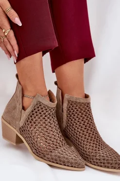 Ażurowe Botki Damskie Na Obcasie Z Wycięciami I Plecionką Khaki Tulifedi
