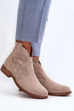 Ażurowe Botki Damskie Na Płaskim Obcasie Jasnobeżowe S.Barski HY66-151