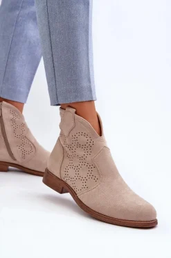 Ażurowe Botki Damskie Na Płaskim Obcasie Jasnobeżowe S.Barski HY66-151