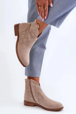 Ażurowe Botki Damskie Na Płaskim Obcasie Jasnobeżowe S.Barski HY66-151