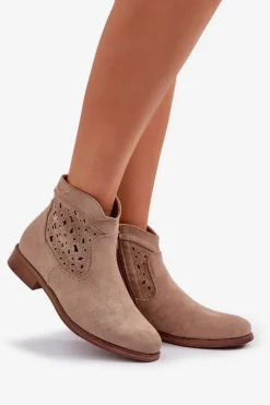 Ażurowe Botki Damskie Na Płaskim Obcasie S.Barski HY51-113 Beżowe
