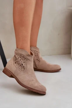 Ażurowe Botki Damskie Na Płaskim Obcasie S.Barski HY51-113 Beżowe