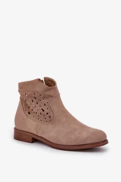 Ażurowe Botki Damskie Na Płaskim Obcasie S.Barski HY51-113 Beżowe