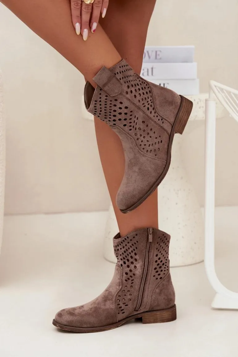 Ażurowe Botki Damskie Na Płaskim Obcasie Ciemnobeżowe Amisna