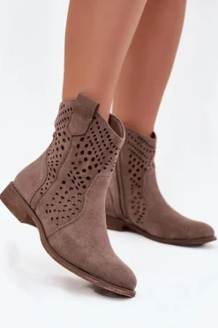 Ażurowe Botki Damskie Na Płaskim Obcasie Ciemnobeżowe Amisna