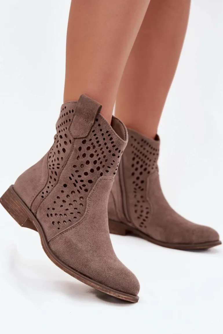 Ażurowe Botki Damskie Na Płaskim Obcasie Ciemnobeżowe Amisna
