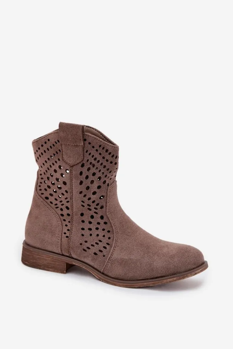 Ażurowe Botki Damskie Na Płaskim Obcasie Ciemnobeżowe Amisna