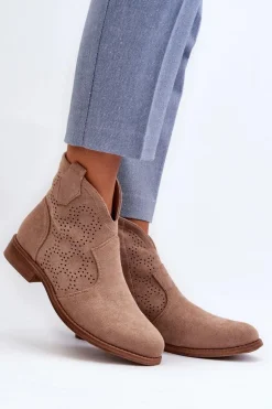 Ażurowe Botki Damskie Na Płaskim Obcasie Beżowe S.Barski HY66-151