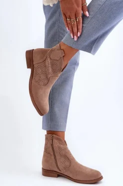 Ażurowe Botki Damskie Na Płaskim Obcasie Beżowe S.Barski HY66-151