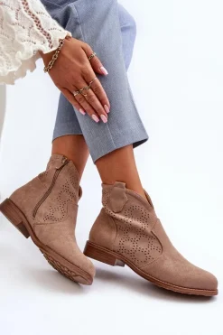 Ażurowe Botki Damskie Na Płaskim Obcasie Beżowe S.Barski HY66-151
