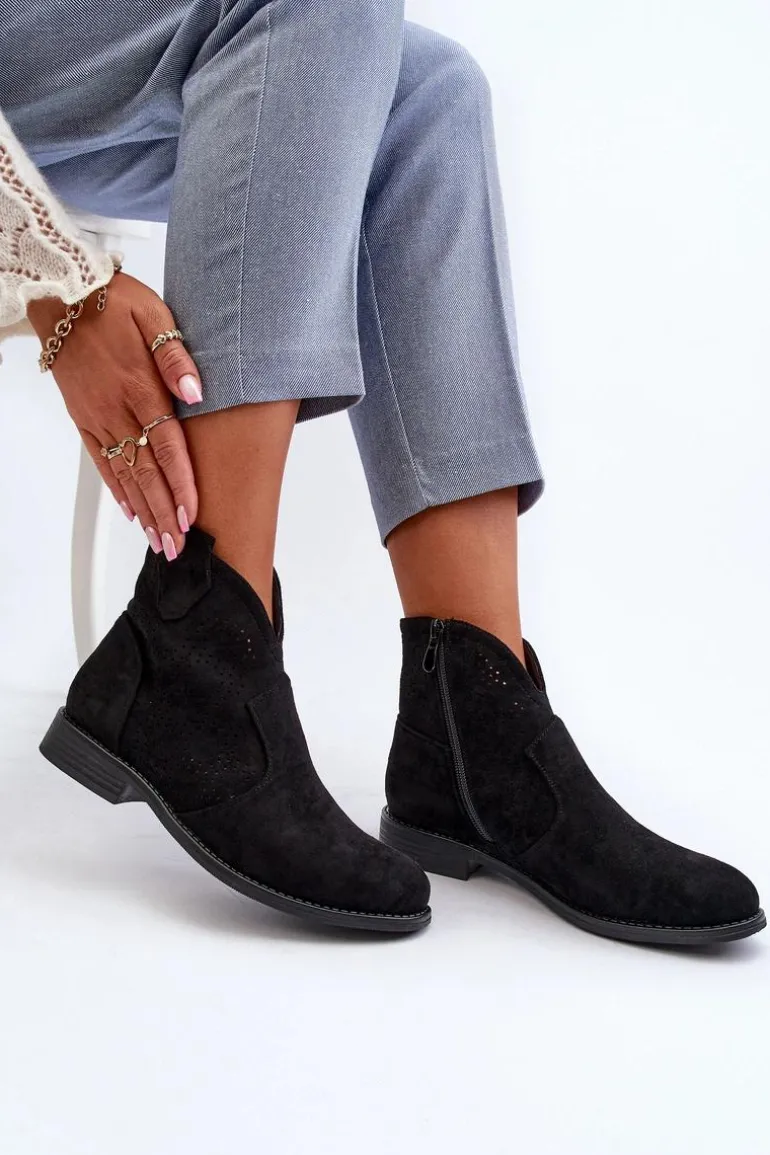 Ażurowe Botki Damskie Na Płaskim Obcasie Czarne S.Barski HY66-151