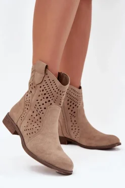Ażurowe Botki Damskie Na Płaskim Obcasie Beżowe Amisna