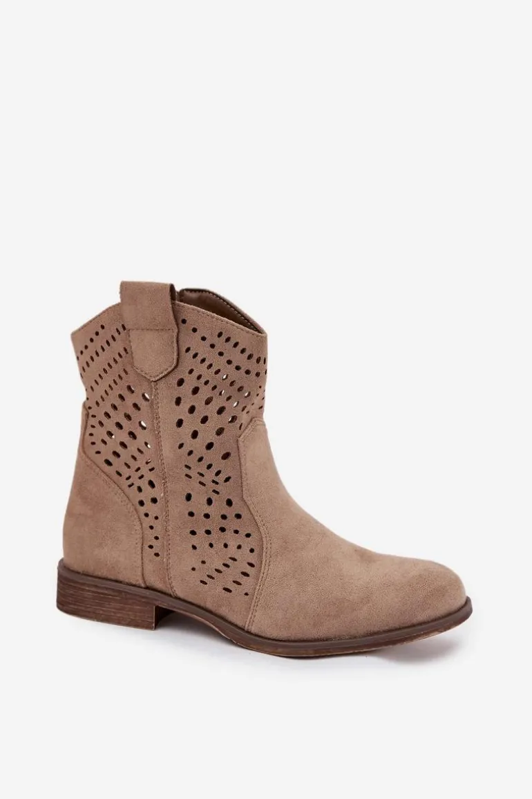 Ażurowe Botki Damskie Na Płaskim Obcasie Beżowe Amisna