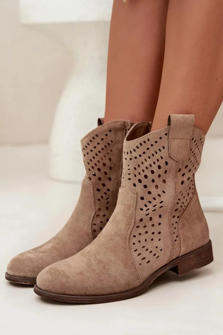 Ażurowe Botki Damskie Na Płaskim Obcasie Beżowe Amisna
