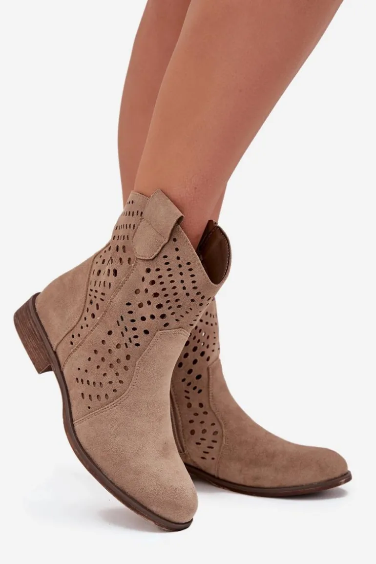 Ażurowe Botki Damskie Na Płaskim Obcasie Beżowe Amisna