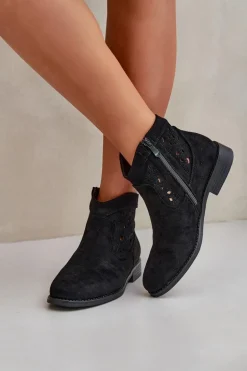 Ażurowe Botki Damskie Na Płaskim Obcasie S.Barski HY51-113 Czarne