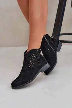 Ażurowe Botki Damskie Na Płaskim Obcasie S.Barski HY51-113 Czarne
