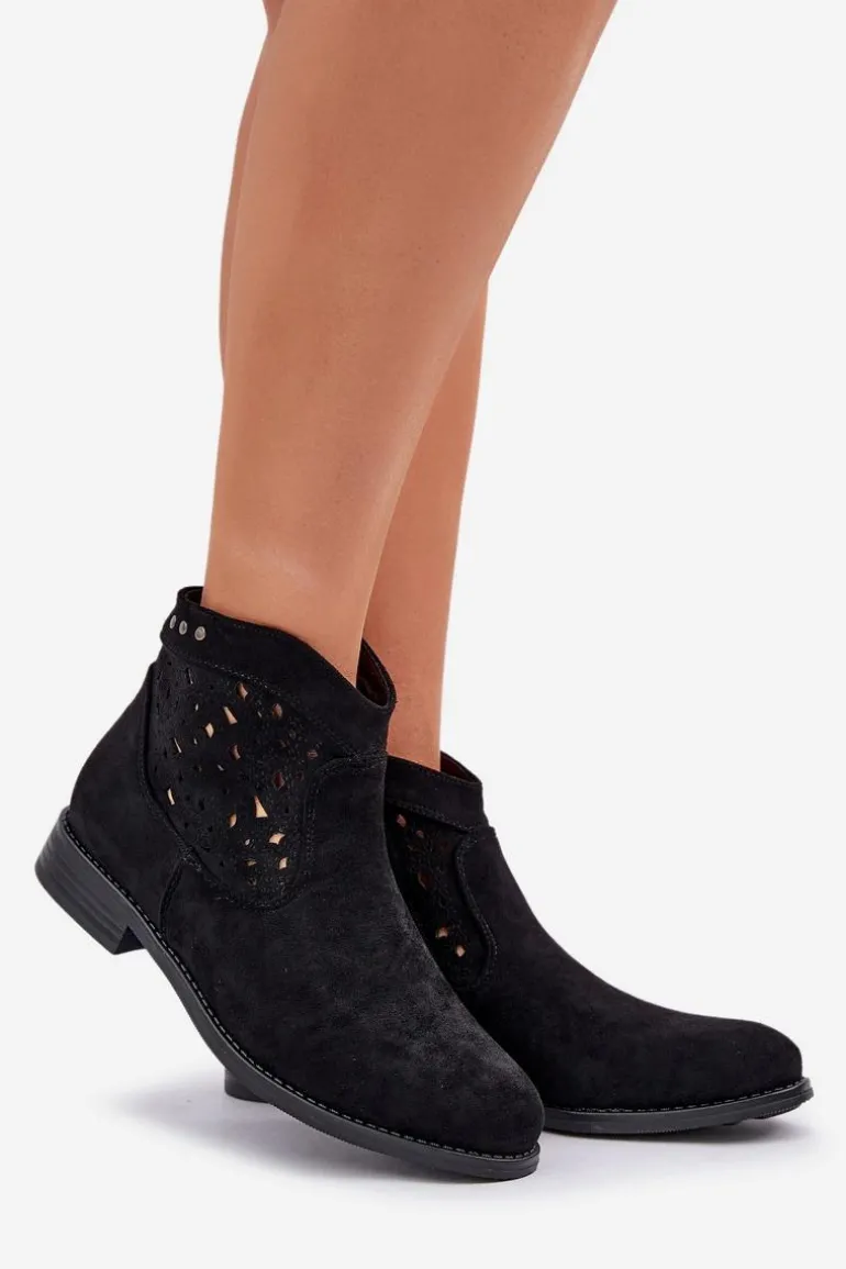 Ażurowe Botki Damskie Na Płaskim Obcasie S.Barski HY51-113 Czarne